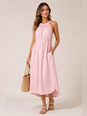 Blush Pink Halter Midi Dress Sleeveless Cotton Pockets Summer S